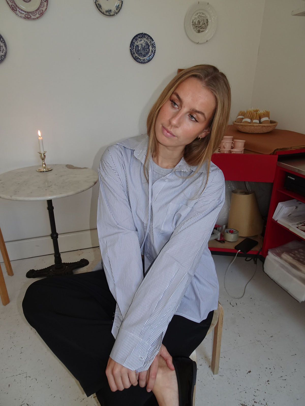 Kendall button shirt with stripes - Light grey/white