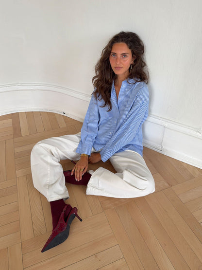 Vicka striped shirt with open back - Light blue/white